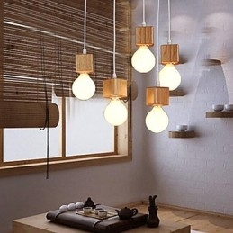 Nordic Solid Wood Fyrkantig Lamphållare Sittande Droplight Lampa Light