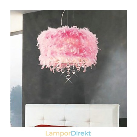 Pendellampa I Kristall Med 5 Lampor I Rosa Fjäderskugga Pendellampa I Kristall Med 5 Lampor I Rosa Fjäderskugga