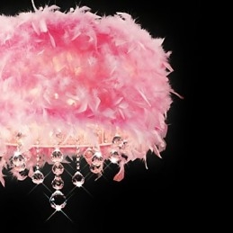 Pendellampa I Kristall Med 5 Lampor I Rosa Fjäderskugga