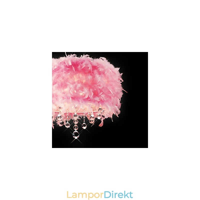 Pendellampa I Kristall Med 5 Lampor I Rosa Fjäderskugga