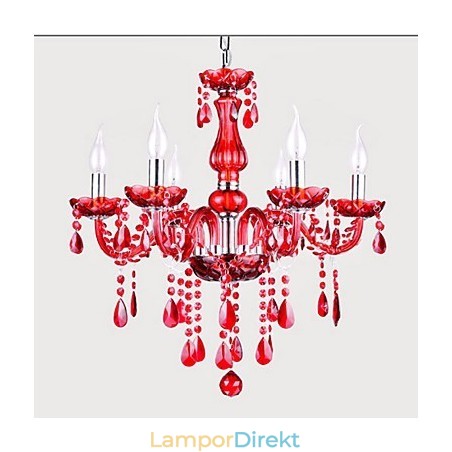 Ljuskrona Röd Kristall Lyxig Modern 6 Lampor