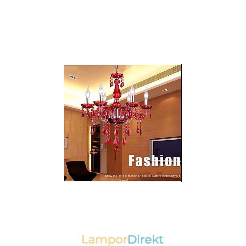 Ljuskrona Röd Kristall Lyxig Modern 6 Lampor