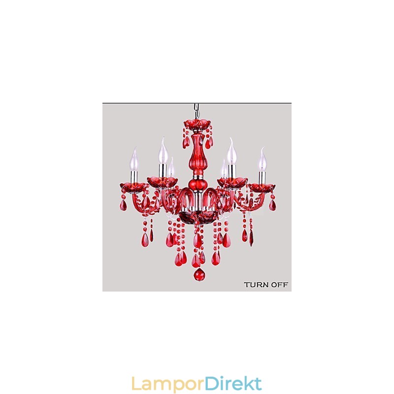 Ljuskrona Röd Kristall Lyxig Modern 6 Lampor