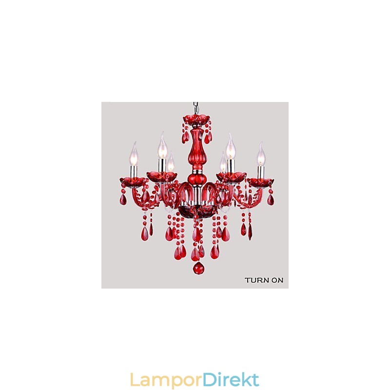 Ljuskrona Röd Kristall Lyxig Modern 6 Lampor
