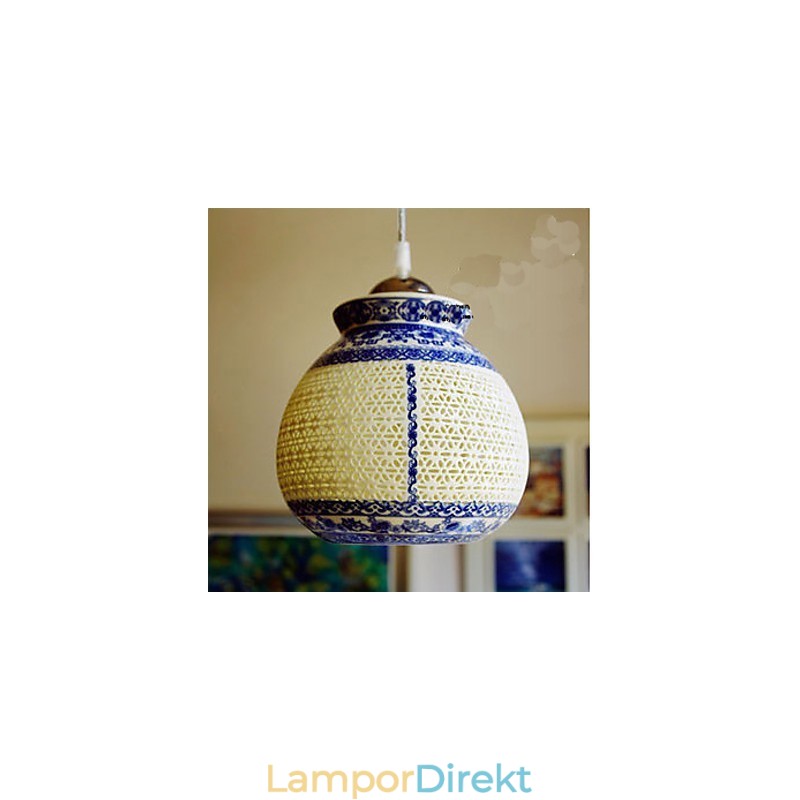 Retro Keramisk Lampa Lampa Trappa Blå Enkelhuvud Ljuskrona Creative