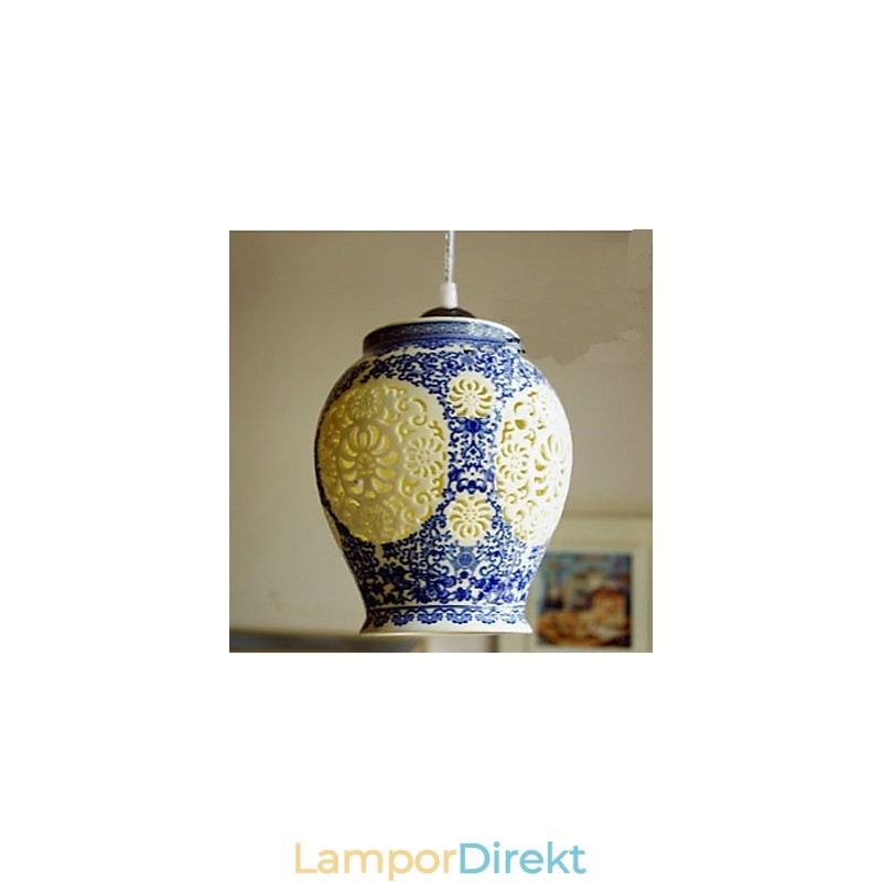 Retro Keramisk Lampa Lampa Trappa Blå Enkelhuvud Ljuskrona Creative