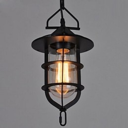 Medium Vintage Svart Bur Form Glas Och Metall Täcka Taklampa