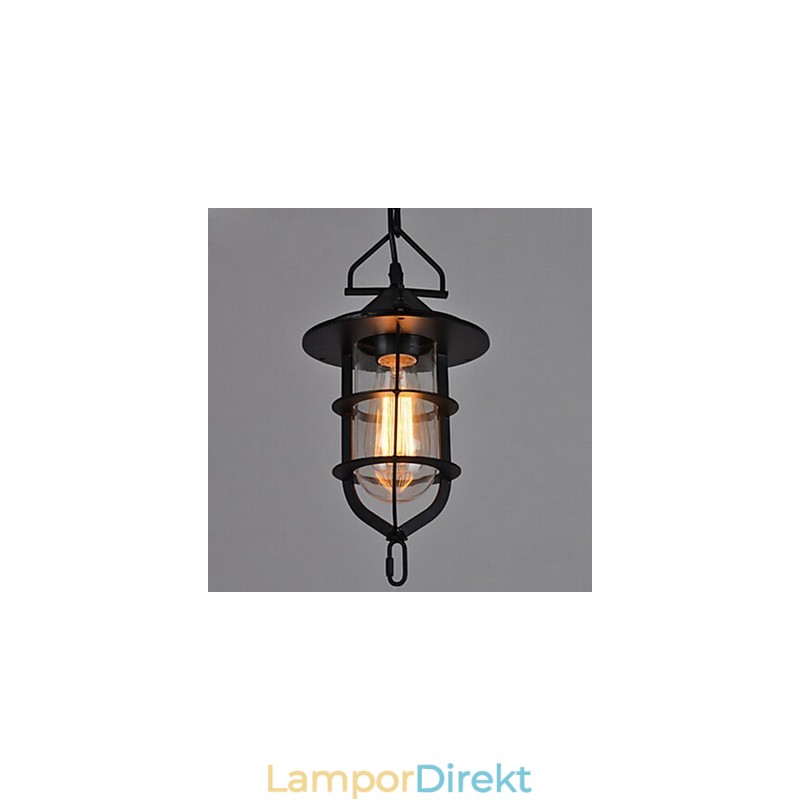 Medium Vintage Svart Bur Form Glas Och Metall Täcka Taklampa