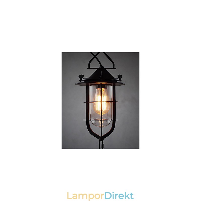 Medium Vintage Svart Bur Form Glas Och Metall Täcka Taklampa