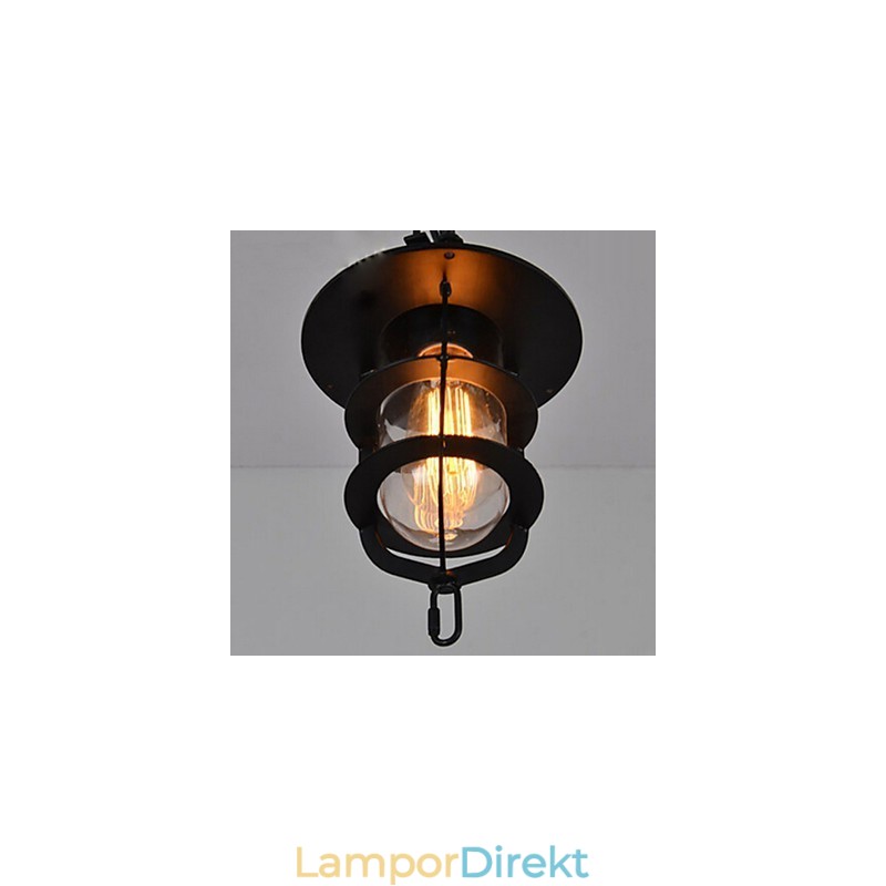 Medium Vintage Svart Bur Form Glas Och Metall Täcka Taklampa