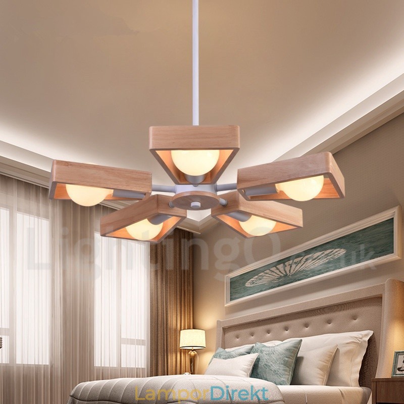 Wood Single Tier 5 Ljus Ljuskrona Lampa Modern Samtida Stil