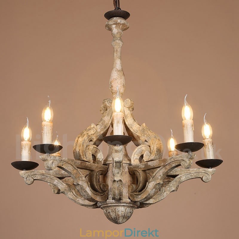 8 Ljus Vintage Retro Trä Ljuskrona Lampa Ljus