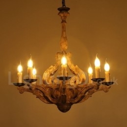 8 Ljus Vintage Retro Trä Ljuskrona Lampa Ljus