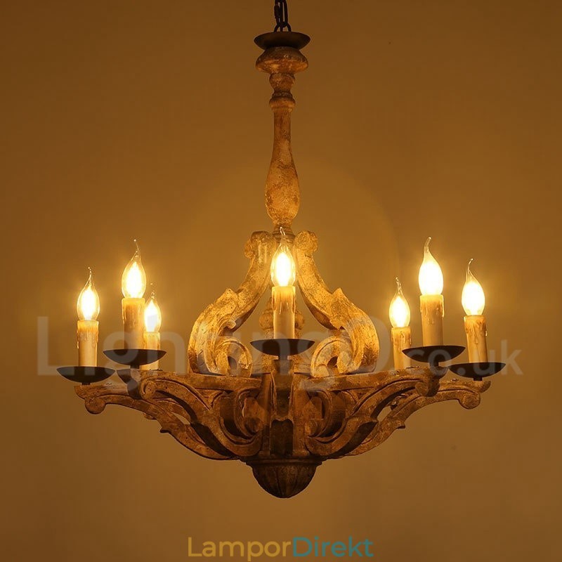 8 Ljus Vintage Retro Trä Ljuskrona Lampa Ljus