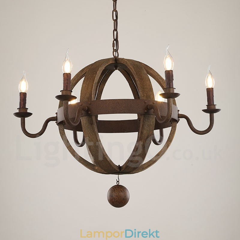 Country Vintage Trä 6 Ljus Ljuskrona Lampa Ljus