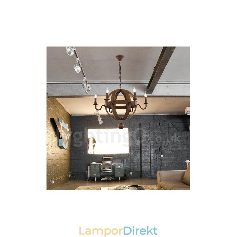 Country Vintage Trä 6 Ljus Ljuskrona Lampa Ljus