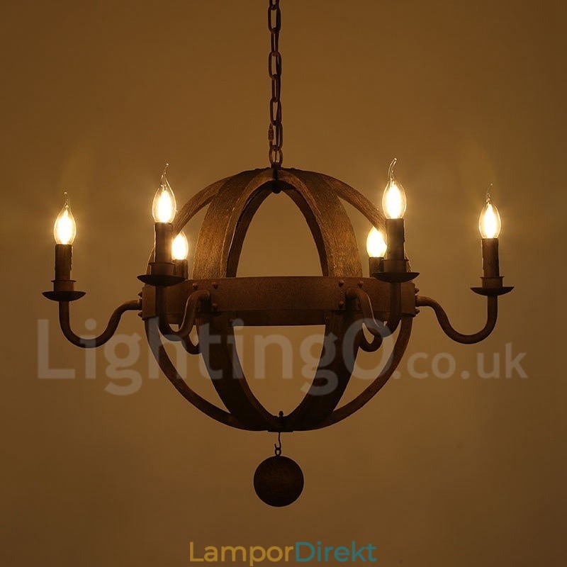Country Vintage Trä 6 Ljus Ljuskrona Lampa Ljus