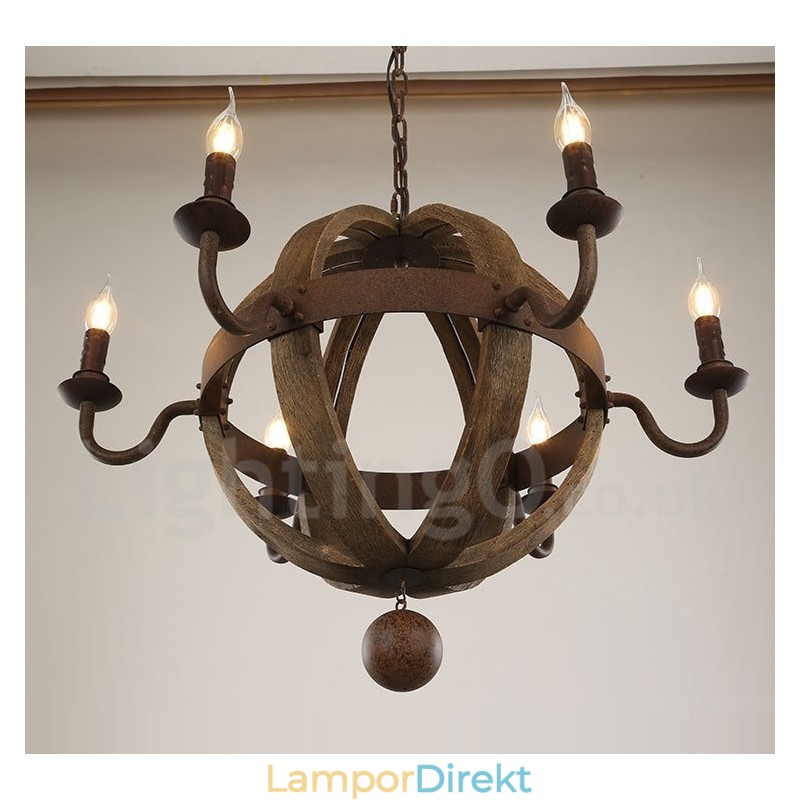 Country Vintage Trä 6 Ljus Ljuskrona Lampa Ljus