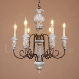 Country Vintage Trä 6 Light Single Tier Ljuskrona För Ljus