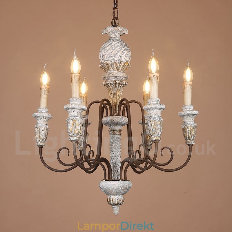 Country Vintage Trä 6 Light Single Tier Ljuskrona För Ljus