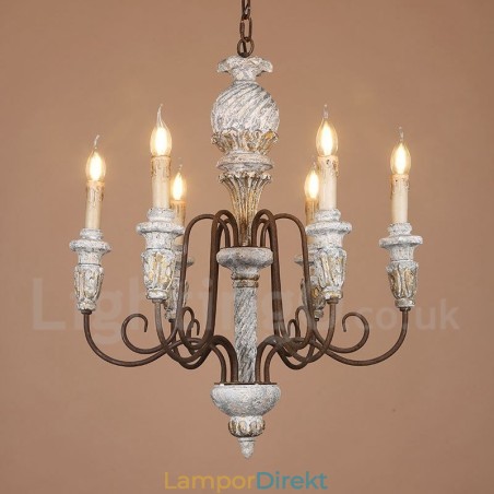 Country Vintage Trä 6 Light Single Tier Ljuskrona För Ljus