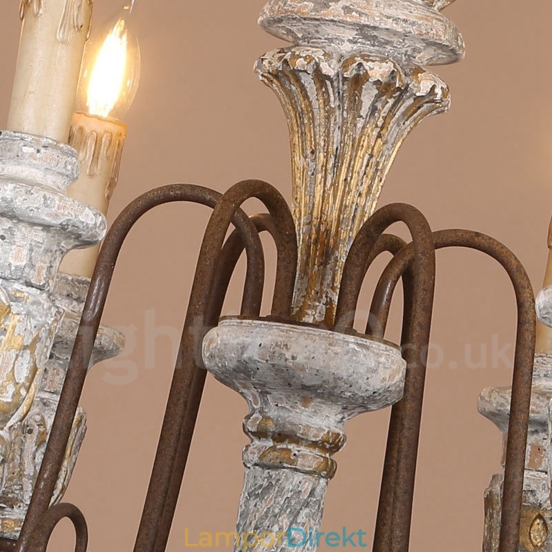 Country Vintage Trä 6 Light Single Tier Ljuskrona För Ljus