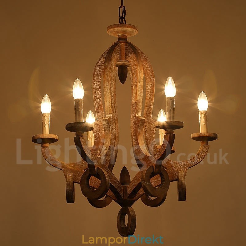 Country Wooden Vintage 6 Light Single Tier Chandelier Light Wood Lamp