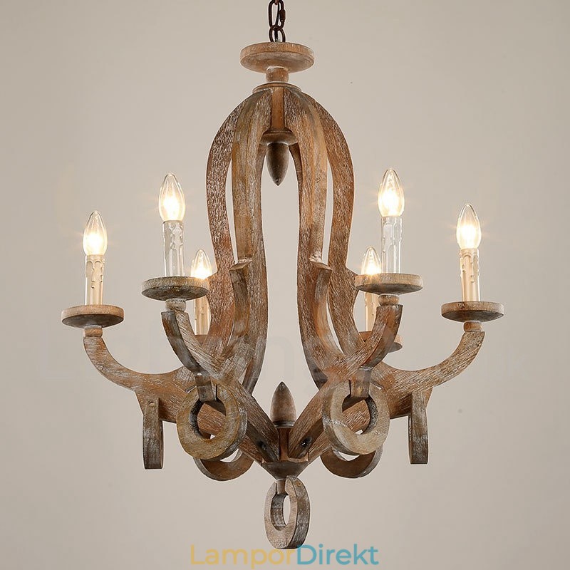Country Wooden Vintage 6 Light Single Tier Chandelier Light Wood Lamp