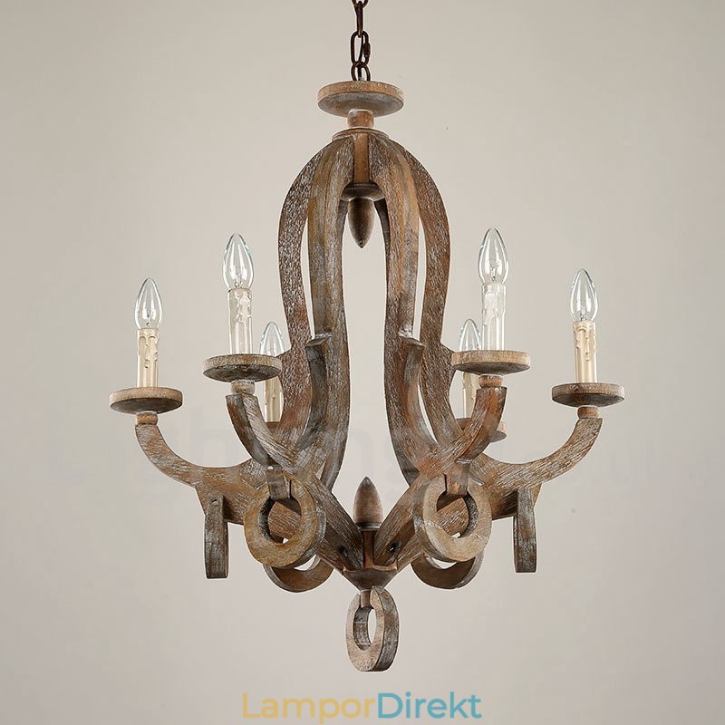 Country Wooden Vintage 6 Light Single Tier Chandelier Light Wood Lamp