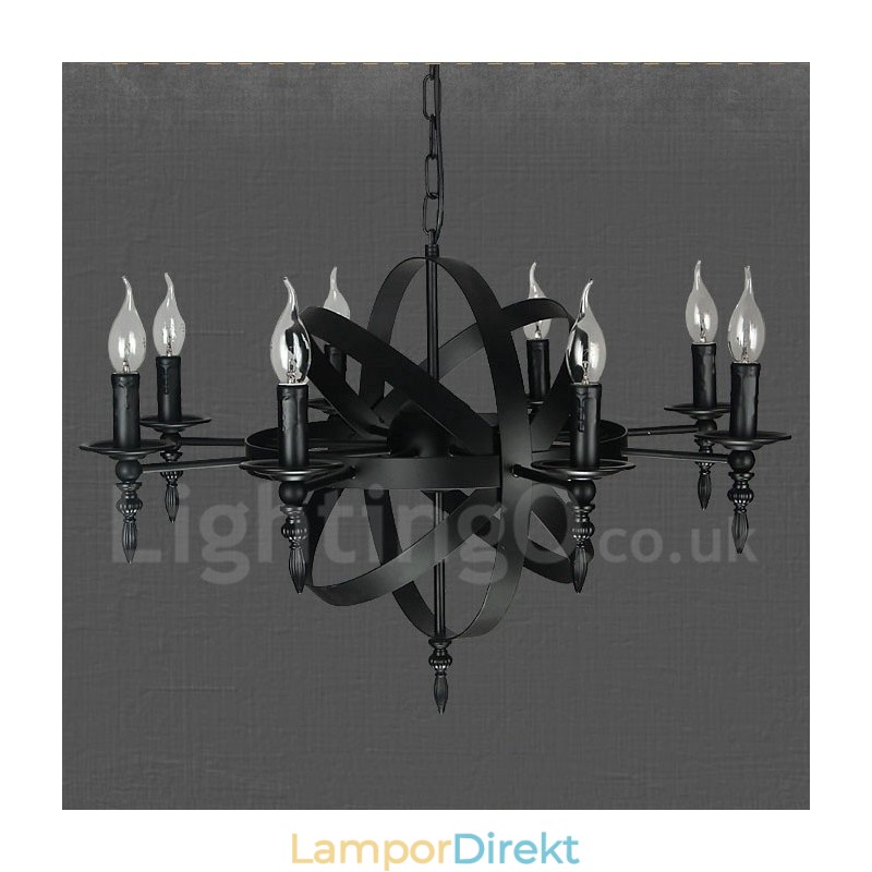 Svart Retro Vintage Metal 8 Light Single Tier Chandelier Light