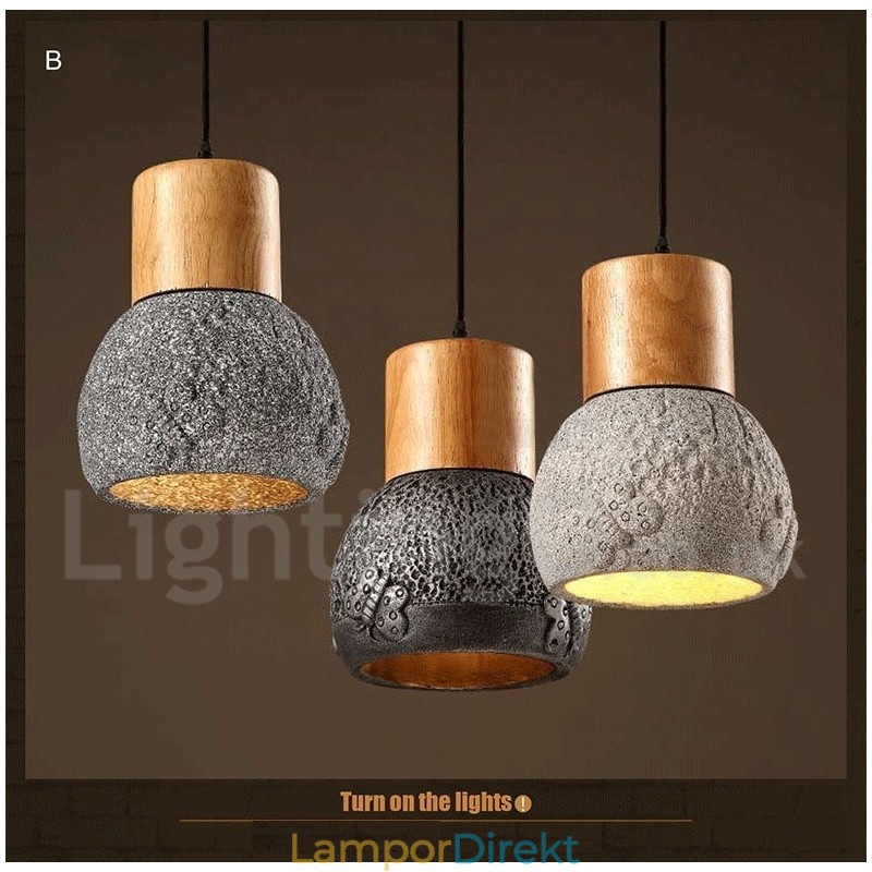 Retro Vintage Wood Concrte Pendellampa