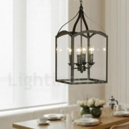 4 Ljus Svart Metall Rustik Lodge Taklampa Med Glasskärm