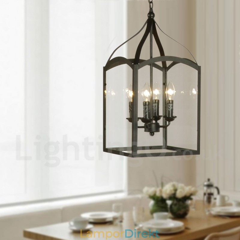 4 Ljus Svart Metall Rustik Lodge Taklampa Med Glasskärm