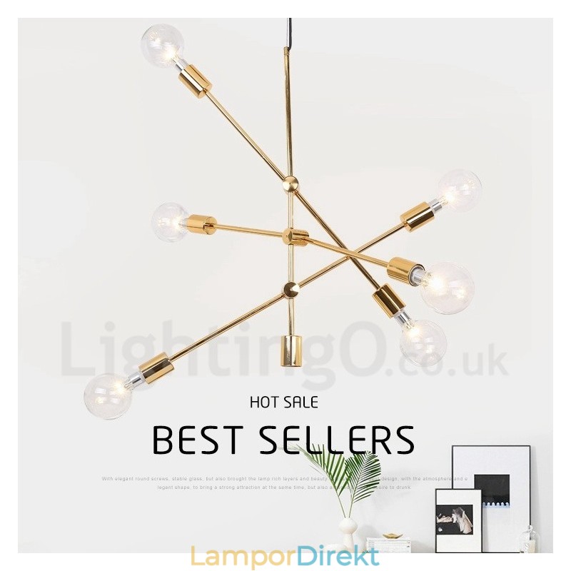 6 Ljus Kopparkrona Med Glasskärmslampa