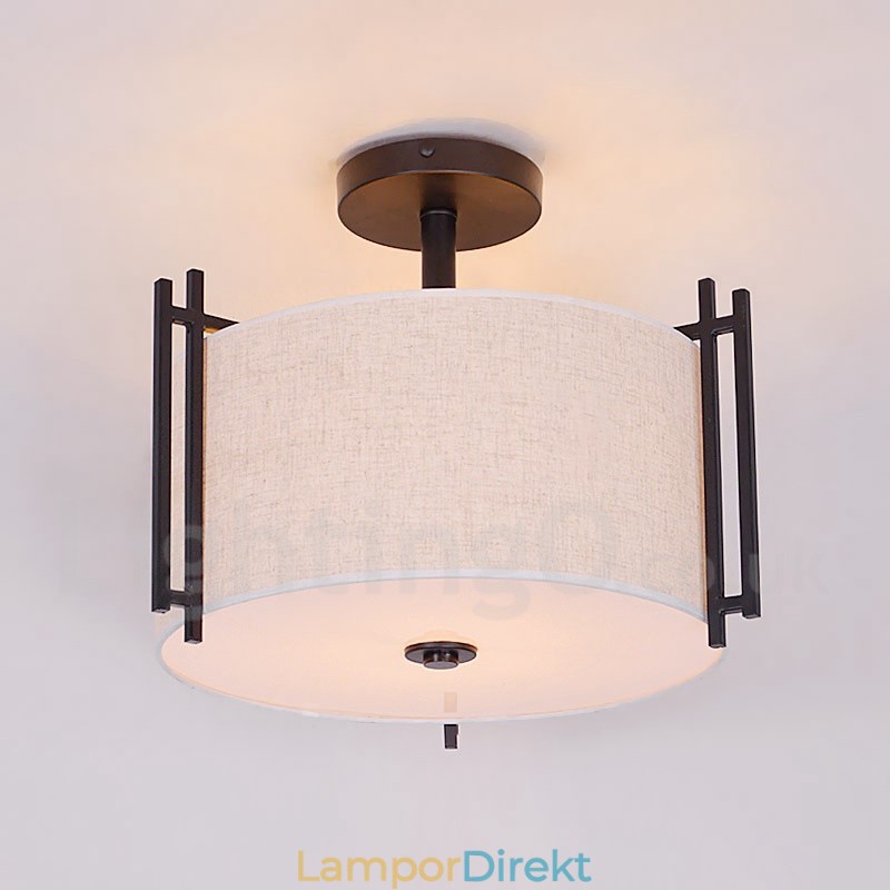 Rustik Lodge Metal Drum Pendellampa Med Tygskärm