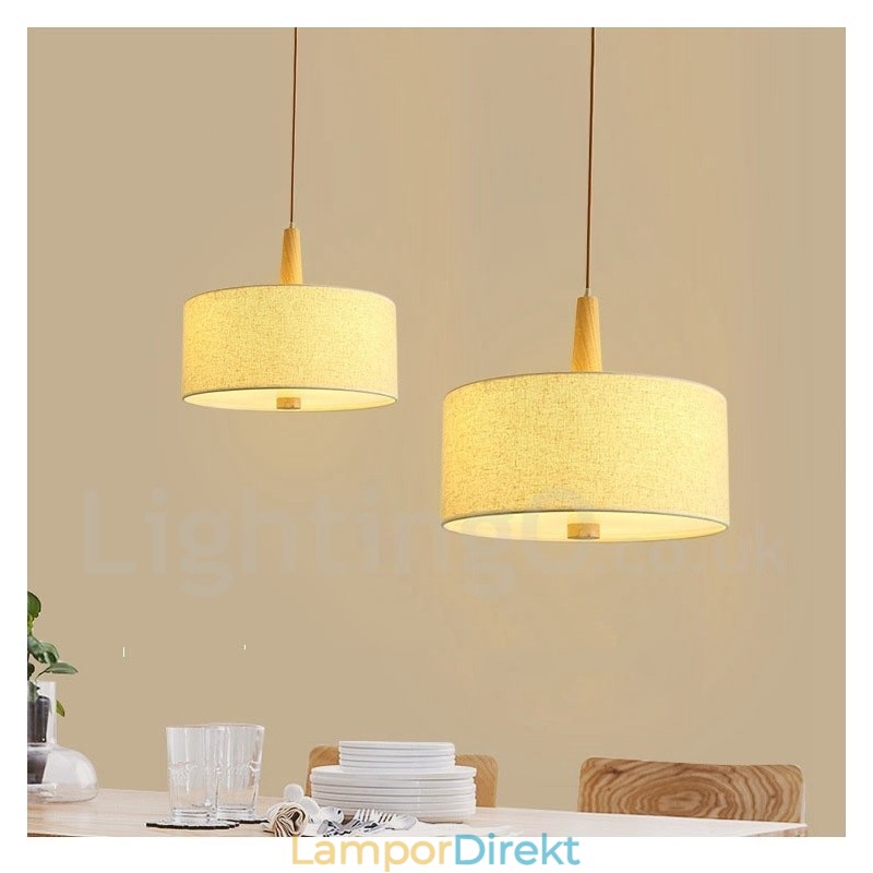 Trä Modern Contemporary Drum Pendellampa Med Tygskärm