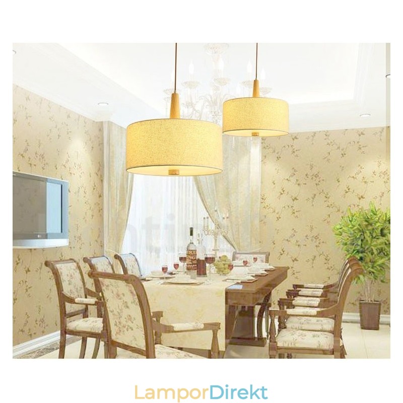 Trä Modern Contemporary Drum Pendellampa Med Tygskärm