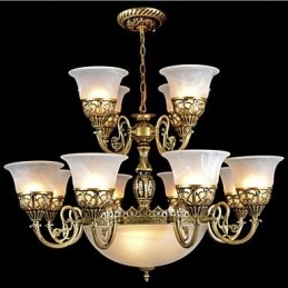 Brons Ljuskrona Femton Ljus Moire Glas European Retro Classic