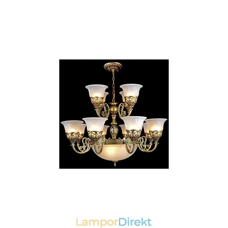 Brons Ljuskrona Femton Ljus Moire Glas European Retro Classic