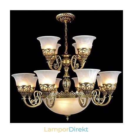 Brons Ljuskrona Femton Ljus Moire Glas European Retro Classic Brons Ljuskrona Femton Ljus Moire Glas European Retro Classic
