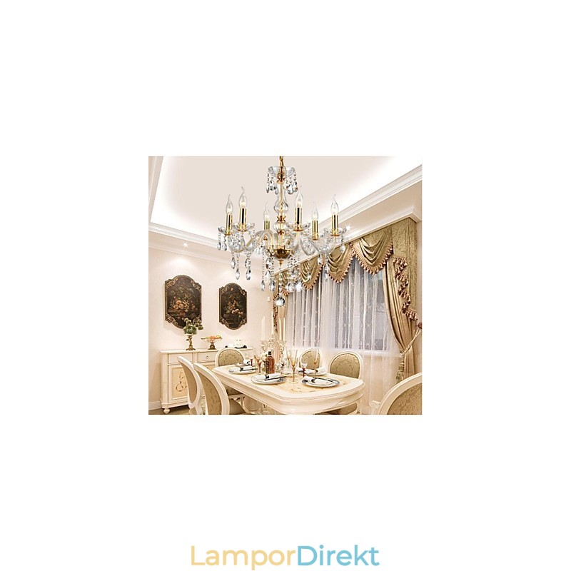 Ljuskrona 6 Lights Golden Vintage I Crystal Feature