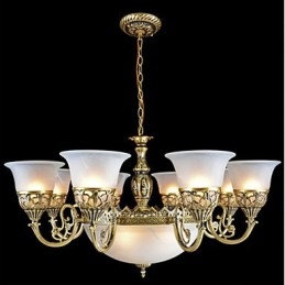 Brons Ljuskrona Eleven Lights Moire Glas European Retro Classic