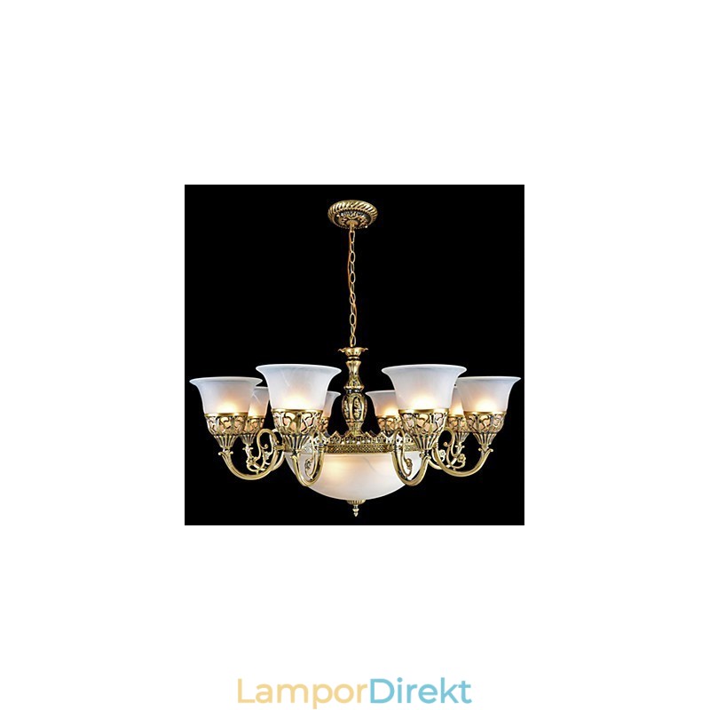 Brons Ljuskrona Eleven Lights Moire Glas European Retro Classic