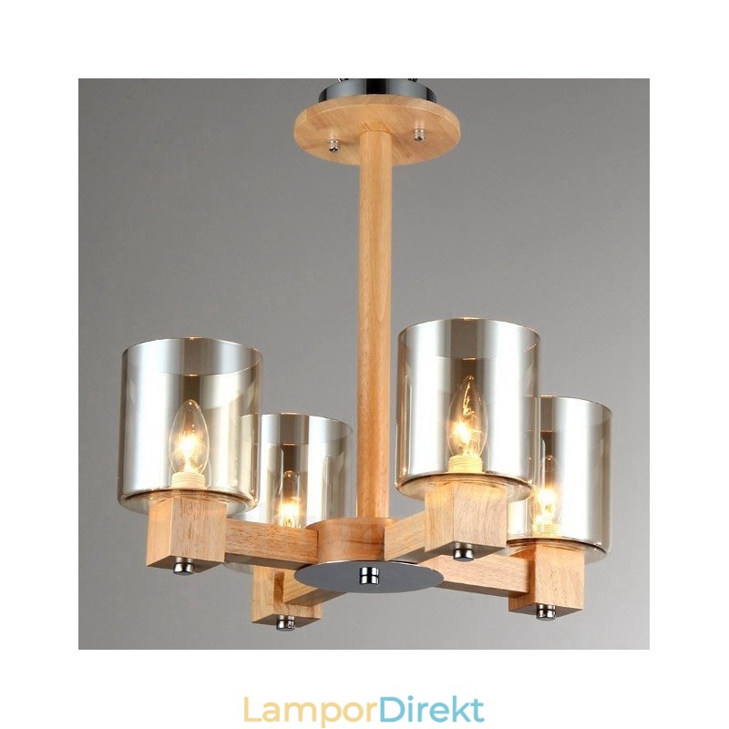 4 Ljus Trä Modern Samtida Nordisk Stil Ljuskrona Med Glasskärm