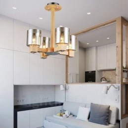 4 Ljus Trä Modern Samtida Nordisk Stil Ljuskrona Med Glasskärm