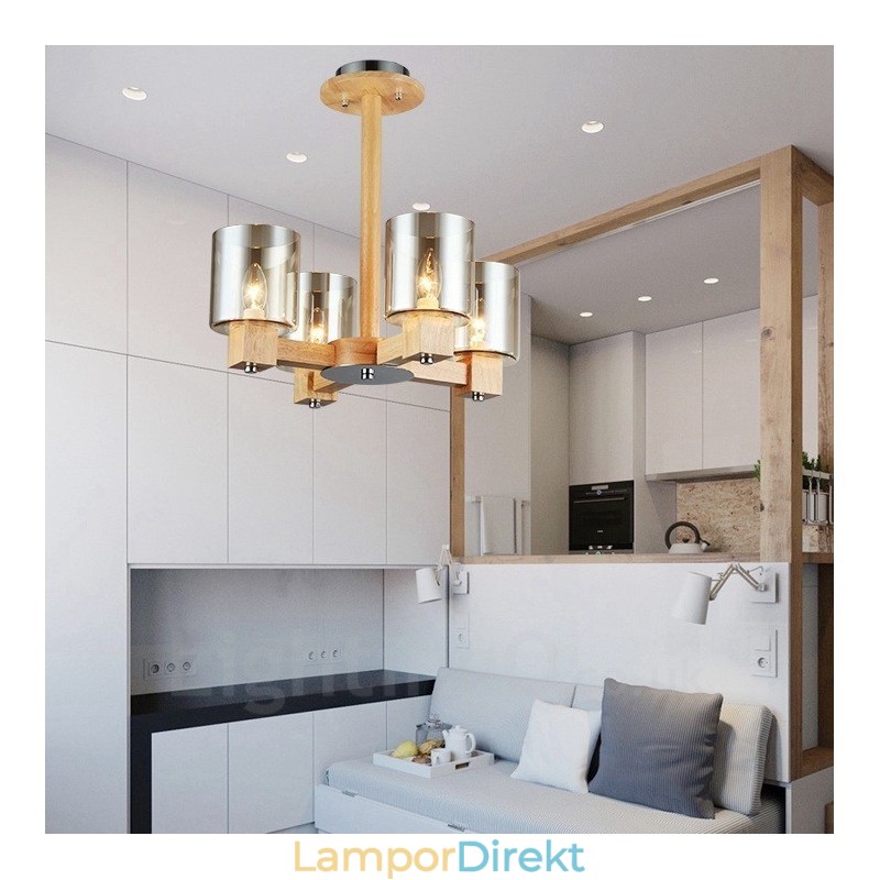 4 Ljus Trä Modern Samtida Nordisk Stil Ljuskrona Med Glasskärm