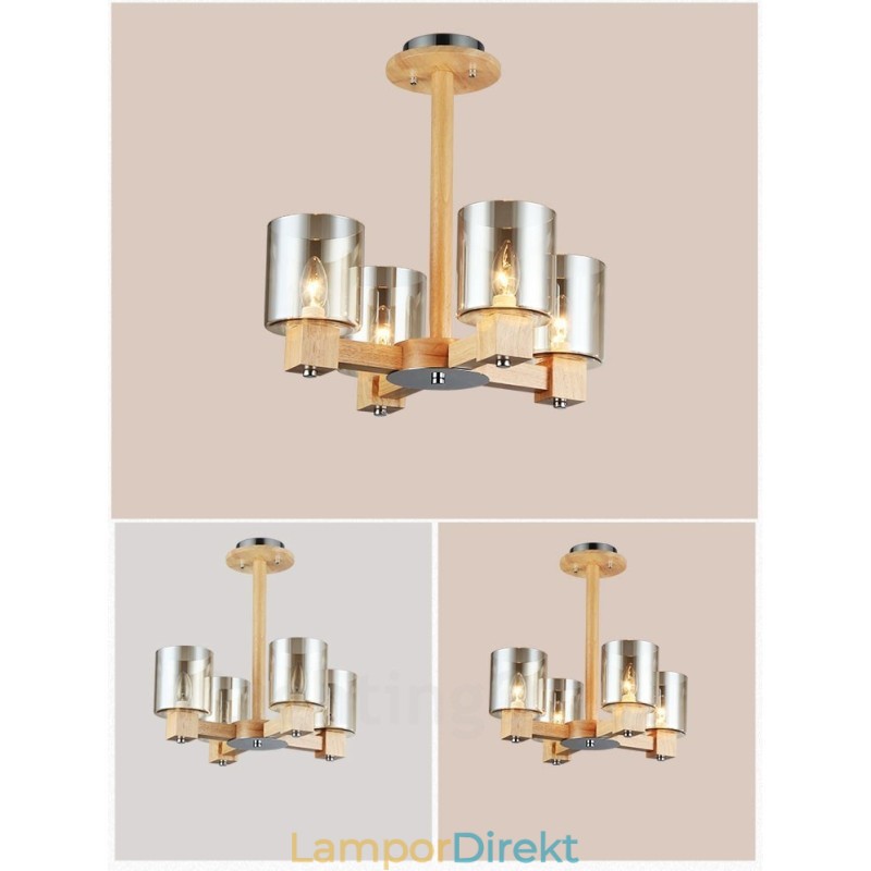 4 Ljus Trä Modern Samtida Nordisk Stil Ljuskrona Med Glasskärm