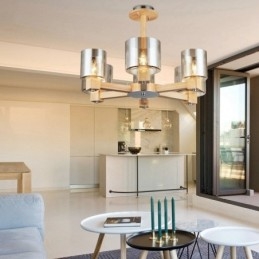 6 Ljus Trä Modern Samtida Nordisk Stil Ljuskrona Med Glasskärm