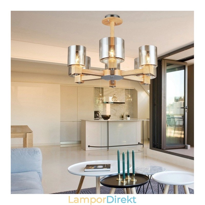 6 Ljus Trä Modern Samtida Nordisk Stil Ljuskrona Med Glasskärm