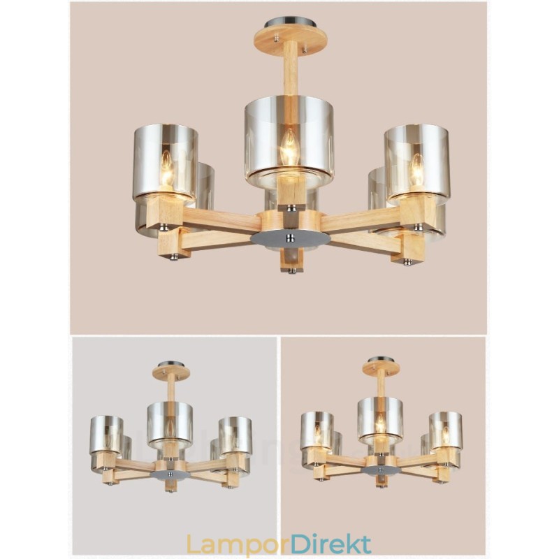 6 Ljus Trä Modern Samtida Nordisk Stil Ljuskrona Med Glasskärm